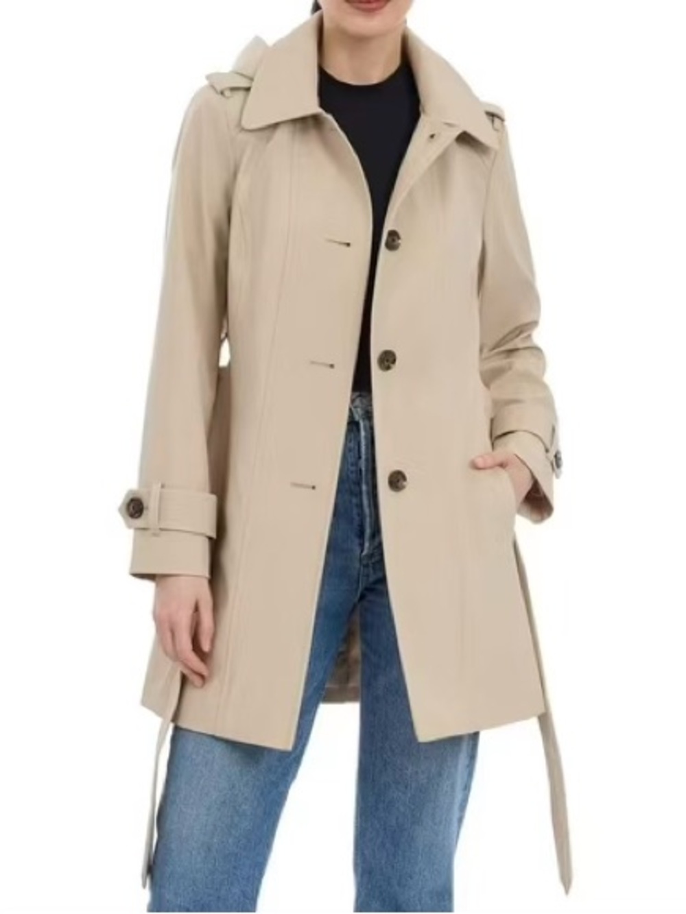 London Fog Beige Trench Coat • Belted • Hooded • Pockets • Size S NWT